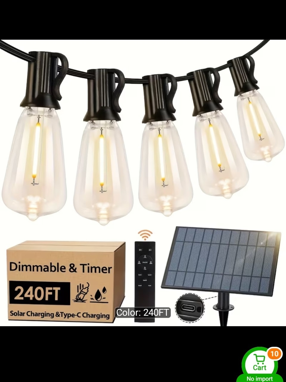 240FT Outdoor Solar String Lights with Remote - Black